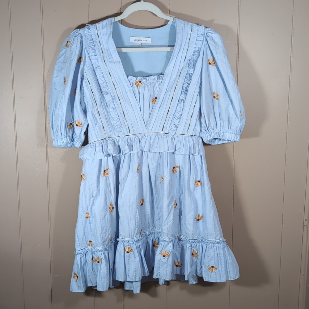 Lug Von Siga Floral Mini Dress Size FR 40 US 8 Blue Ruffle Cottagecore Milk Maid